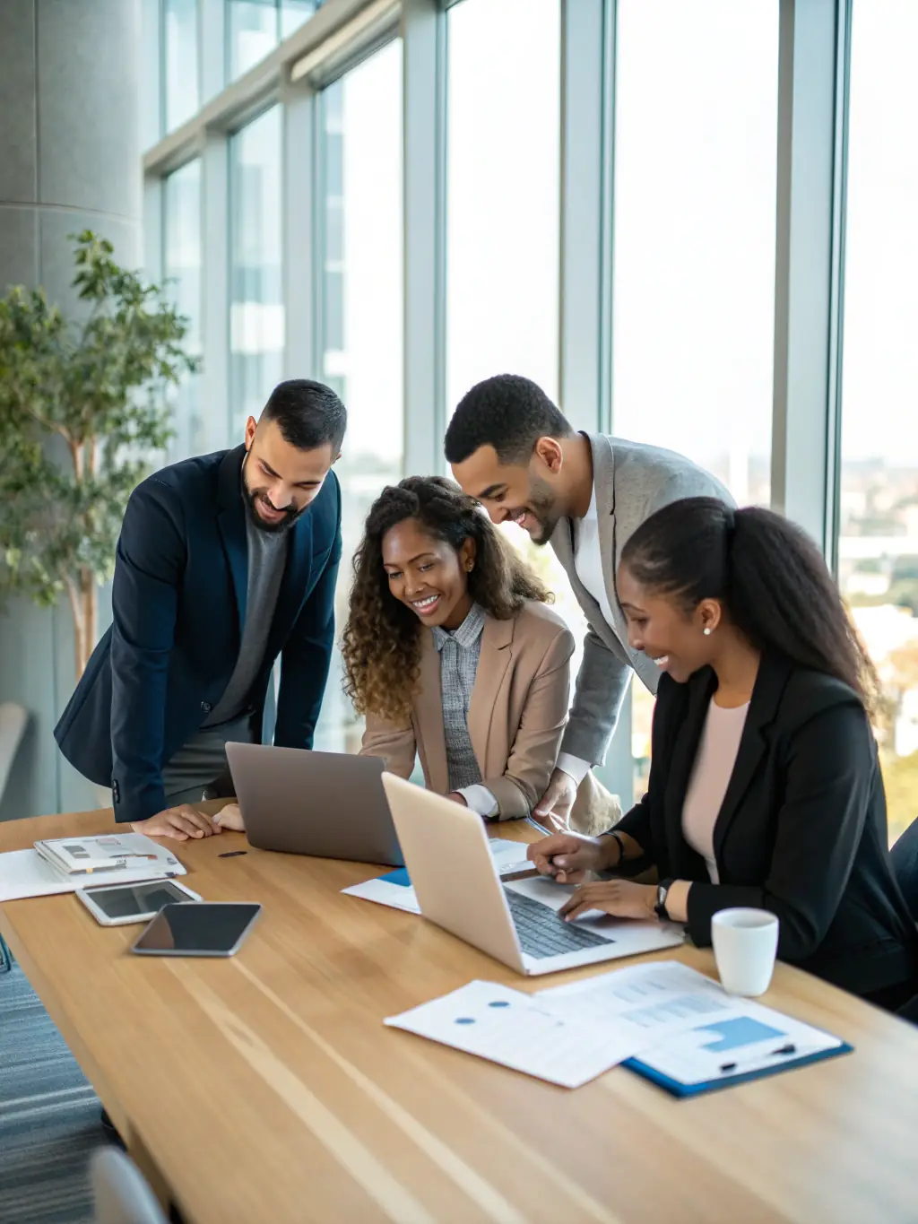 A diverse team collaborating around a table, brainstorming business strategies, with laptops displaying market analysis and financial projections, set in a co-working space in Manchester.