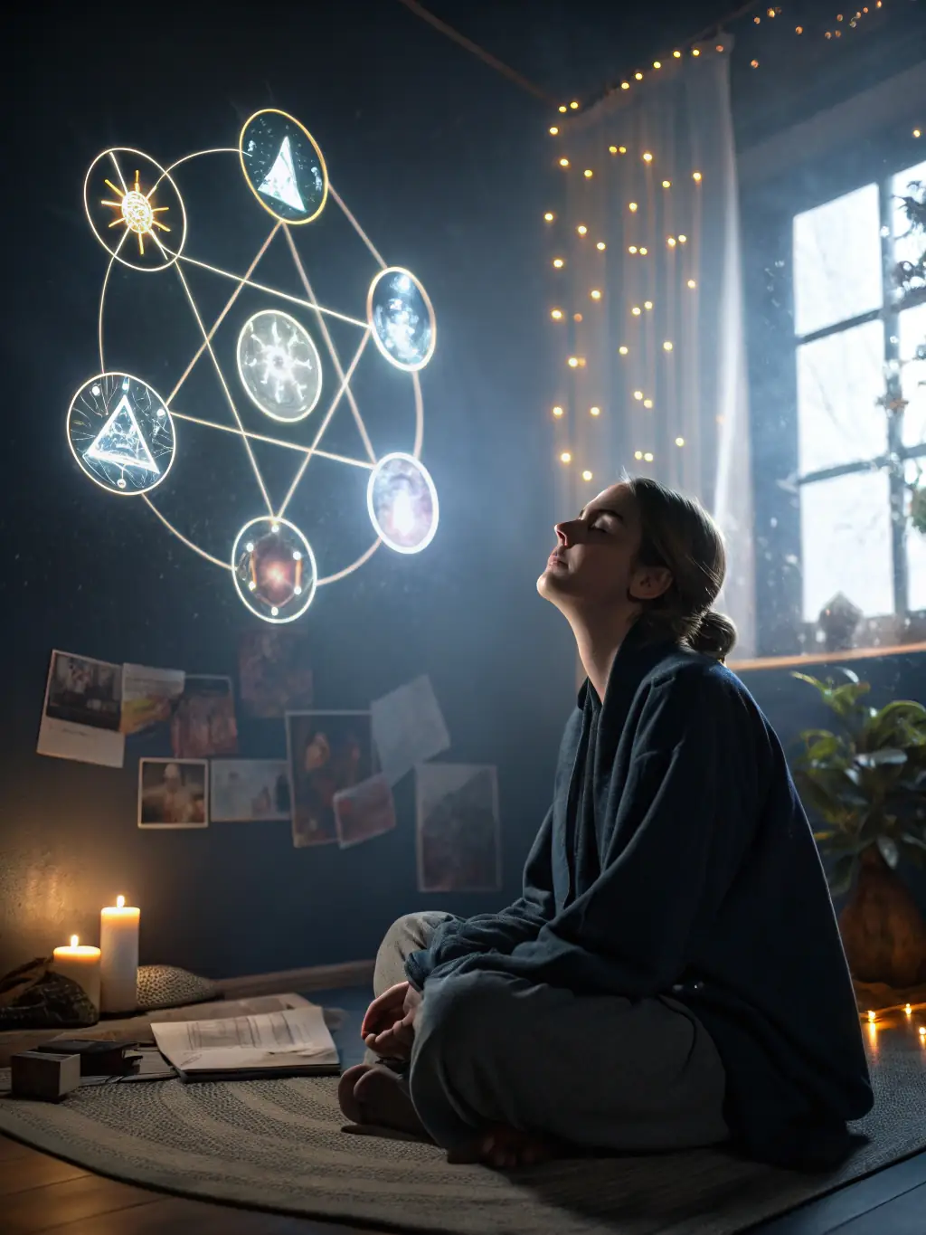 A person meditating in a serene environment, symbolizing mindset development, with subtle visualizations of positive thoughts and overcoming obstacles.
