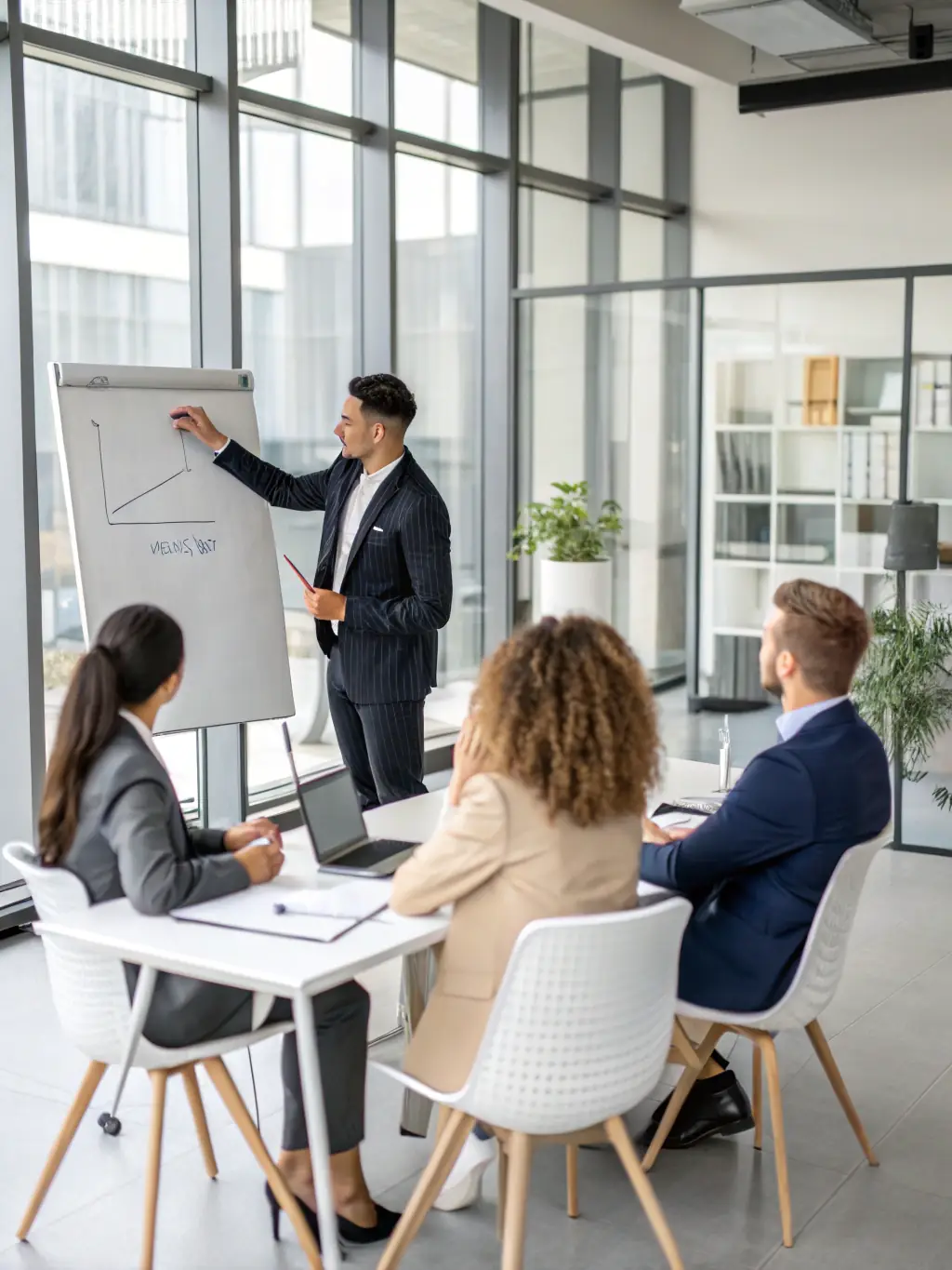A person confidently presenting a business plan to a group of investors, showcasing leadership skills and strategic thinking, set in a modern conference room in Edinburgh.